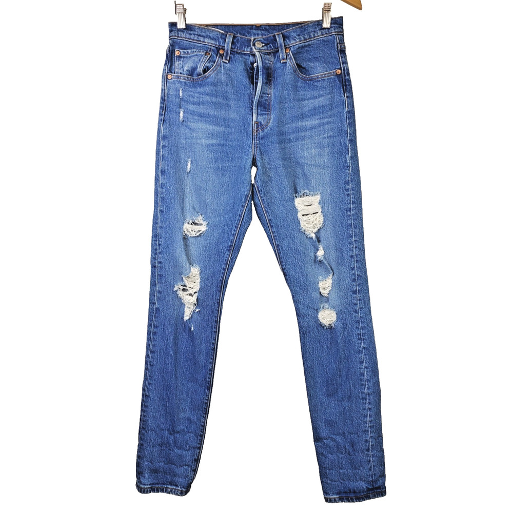 Levi's 501 Womens 28 Jeans Distressed Dark Wash Blue Button Fly Skinny Stretch - Picture 1 of 12